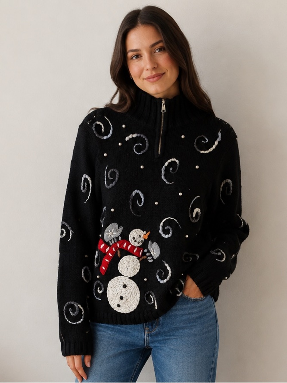 Vintage Mandal Bay Christmas Ugly Sweater Women's small Black snowman